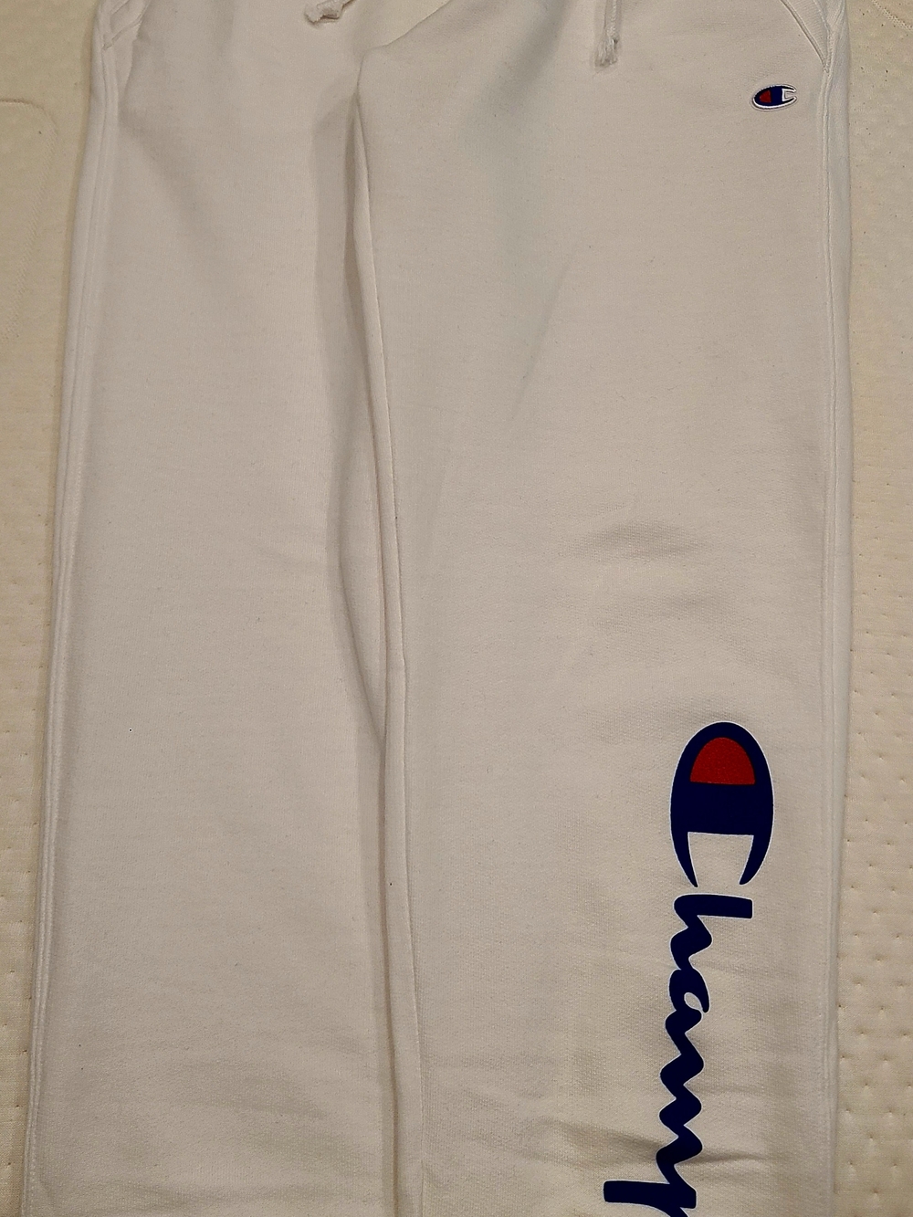 Champion White Sweatpants with Blue & Red Logo